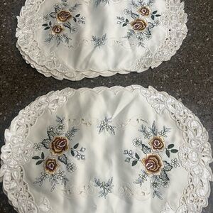 Elegant Floral Embroidered Placemats - Cream and Brown Set of 8 Vintage Granny